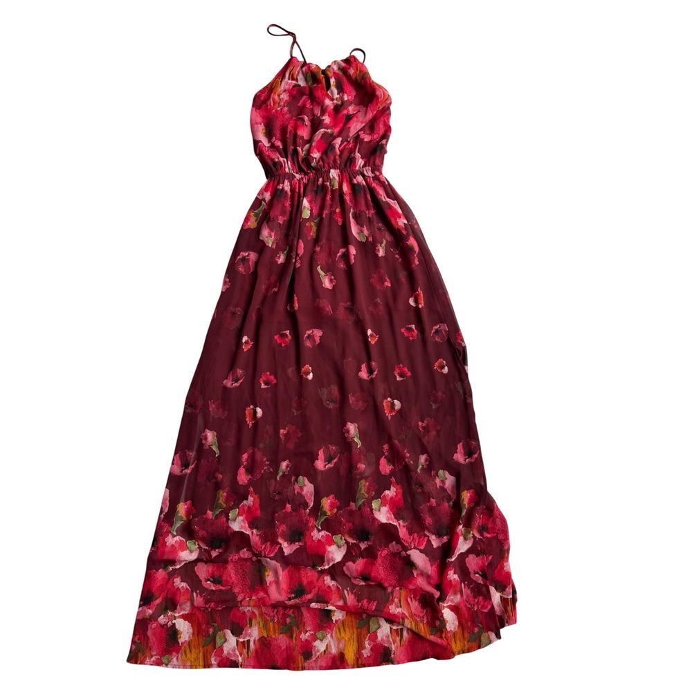 Fate Floral Maxi Dress Red Burgundy Poppy Print Halter Neck Smocked Waist Size M